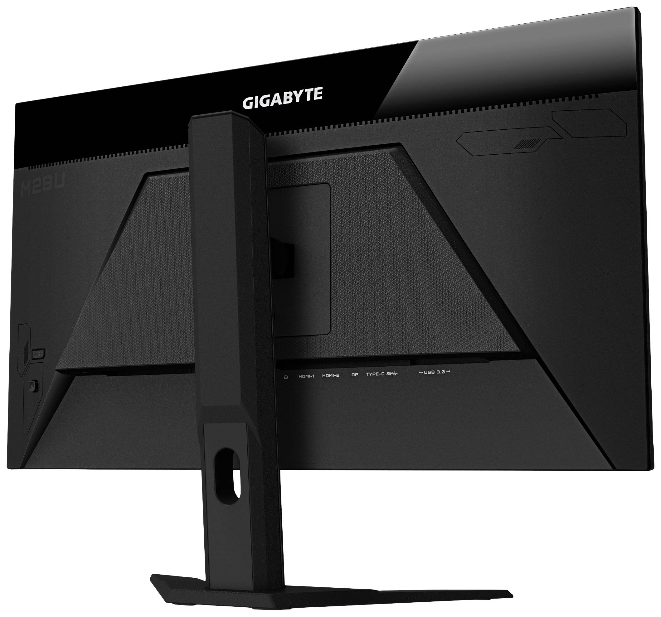 Ein schwarzer Computermonitor von hinten, auf einem Standfuß montiert. Die Marke 'GIGABYTE' ist auf der Oberseite sichtbar.