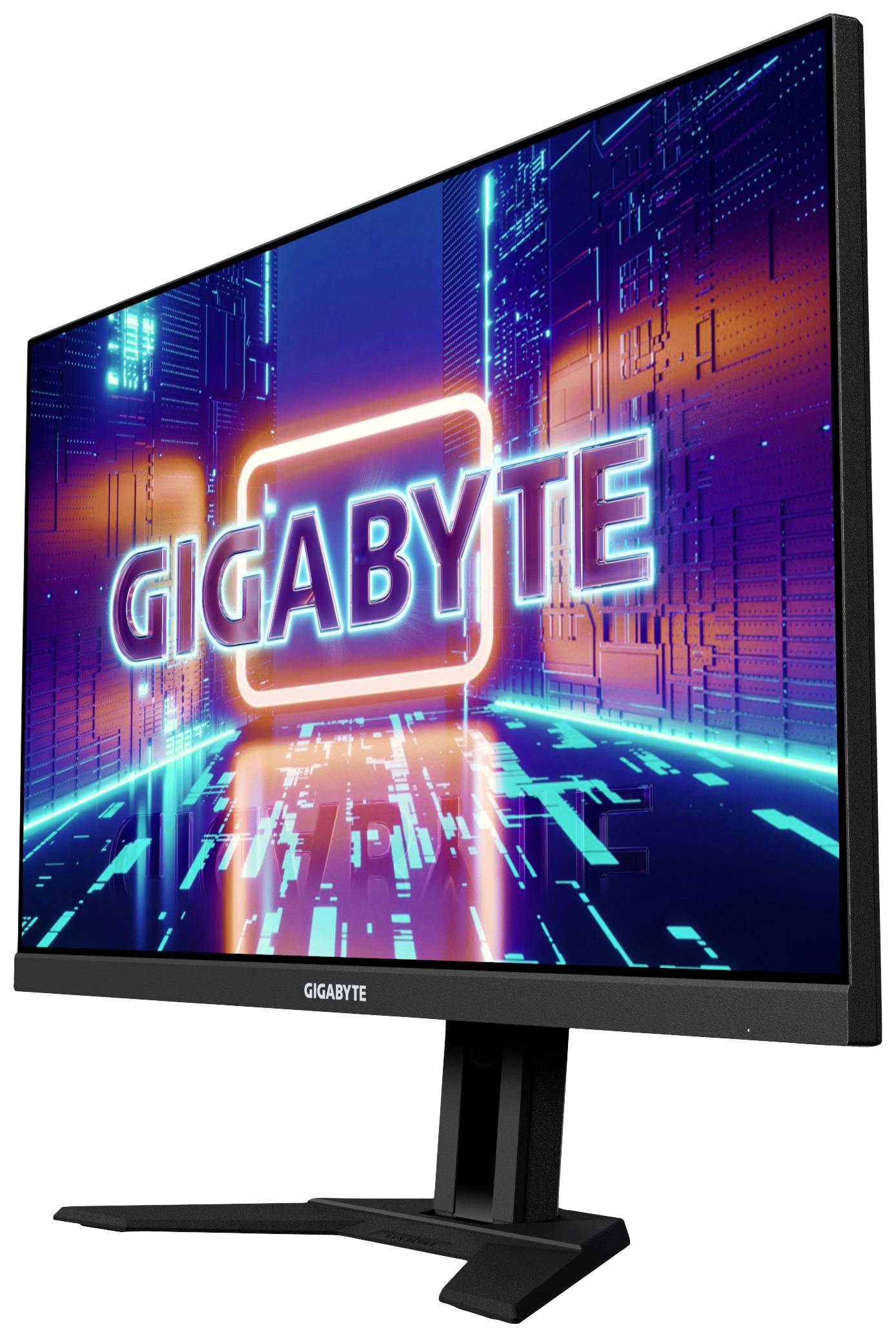 Ein Computermonitor zeigt ein buntes futuristisches Design mit dem Schriftzug 'GIGABYTE'.