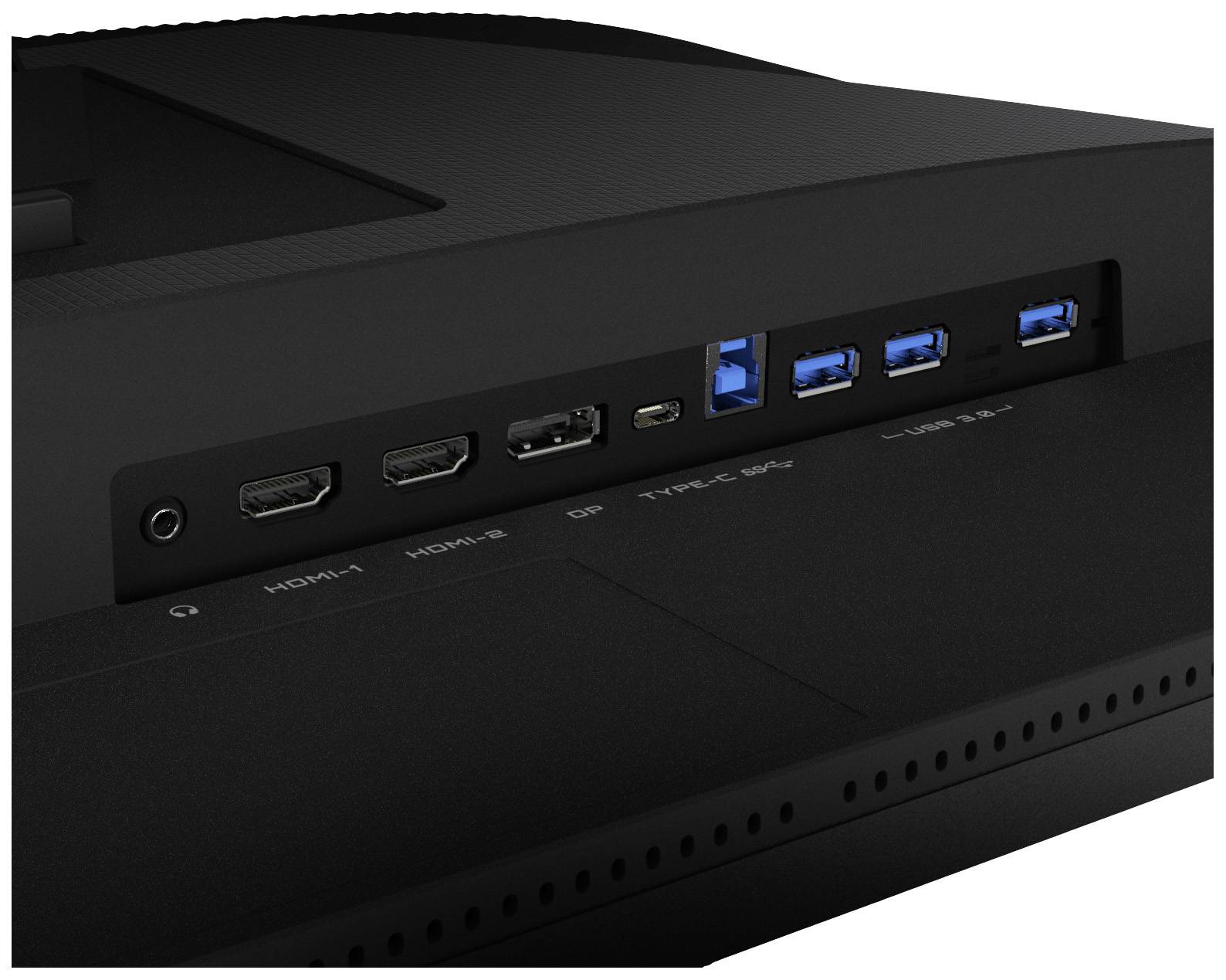 Rückseite eines Monitors mit mehreren Anschlussmöglichkeiten: zwei HDMI-Ports, ein DisplayPort, ein USB-C-Anschluss und drei USB-Ports.