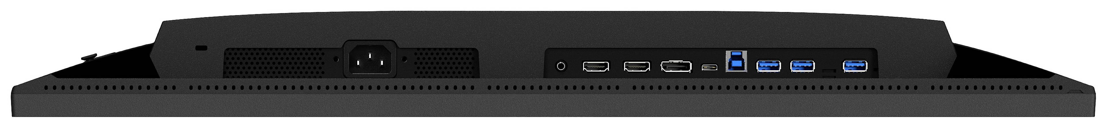 Rückansicht eines Monitors mit mehreren Anschlüssen, darunter HDMI, USB-A und ein Stromanschluss, auf schwarzem Hintergrund.