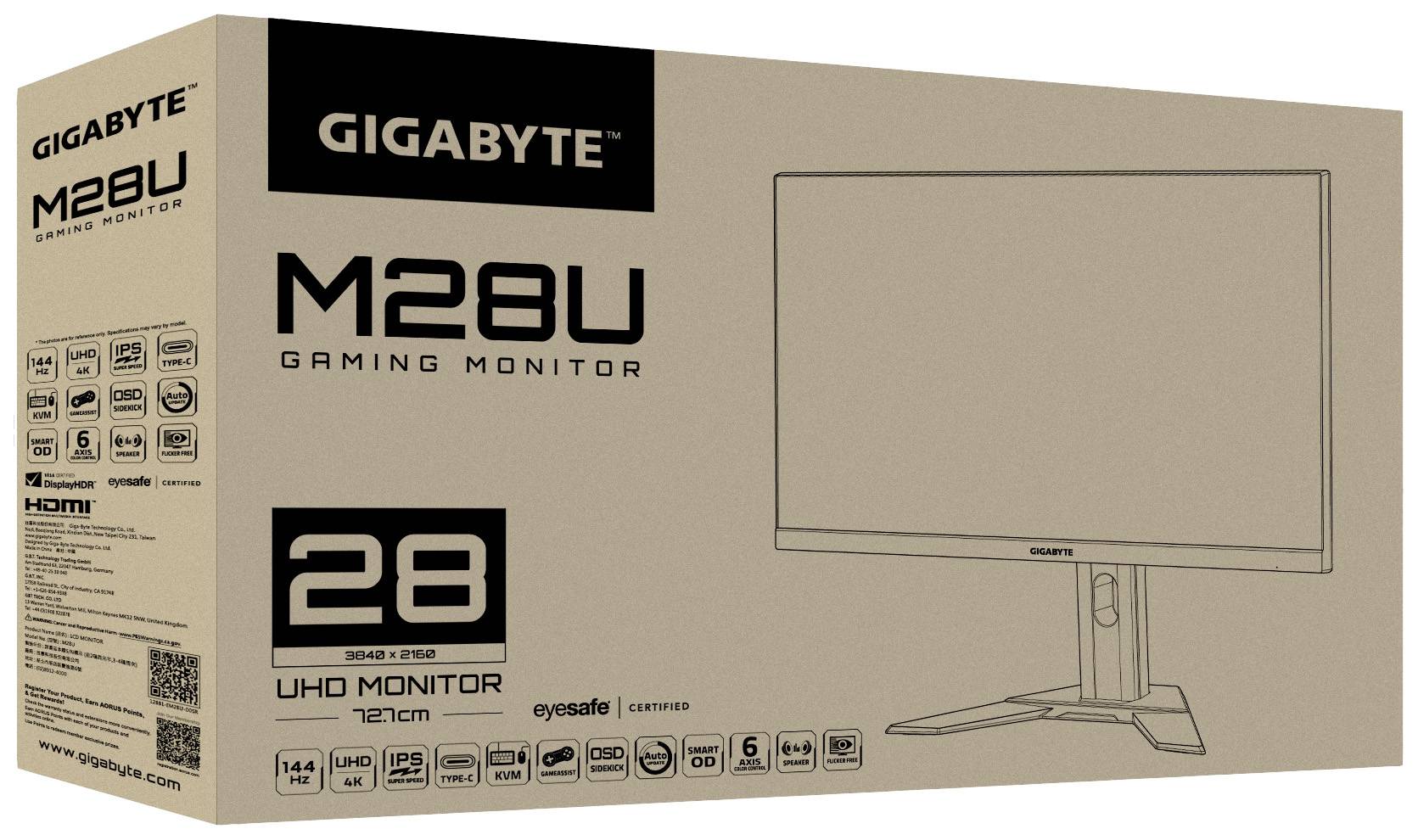 Kartonverpackung eines Gigabyte M28U Gaming-Monitors mit Abbild des Monitors. Technische Details wie Bildschirmgröße und Funktionen sind aufgedruckt.