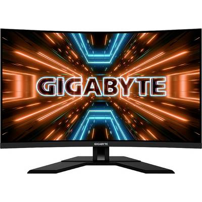 Ein Monitor mit einem leuchtenden 'GIGABYTE'-Logo auf dem Bildschirm, umgeben von orange und blau leuchtenden Linien in Cyber-Stil.