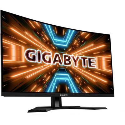 Ein gebogener Monitor zeigt das Wort 'GIGABYTE' in leuchtenden, dynamischen Farben auf dem Bildschirm. Das Design vermittelt Energie und Technologie.