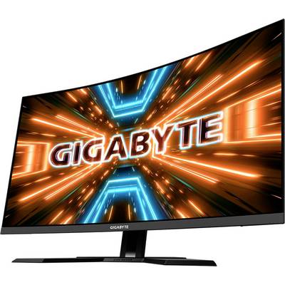 Ein gebogener Monitor zeigt das Wort 'GIGABYTE' mit einem dynamischen, leuchtenden Hintergrund in orange und blau.