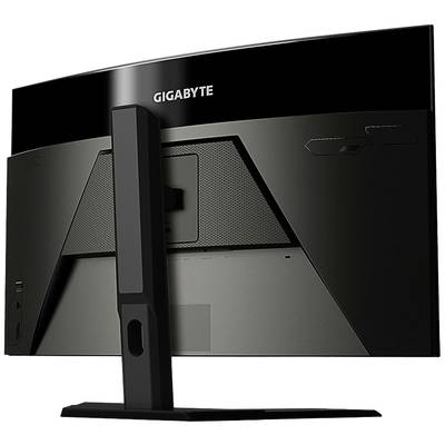 Ein schwarzer Computermonitor von Gigabyte, Rückansicht. Der Bildschirm hat einen stabilen Ständer und ein modernes, minimalistisches Design.