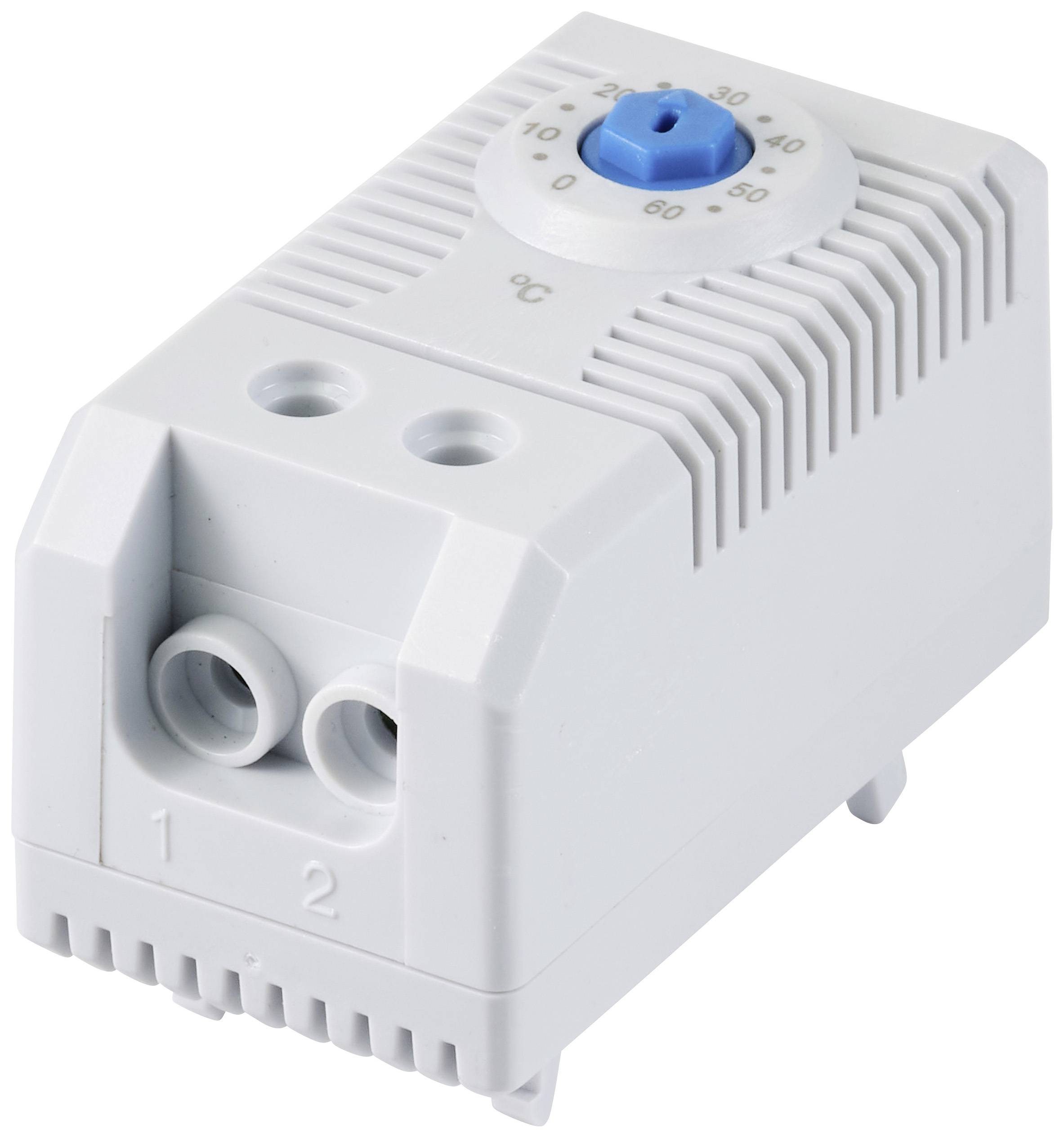Ein weißer thermostatähnlicher Regler mit blauer Skala oben, zeigt 0 bis 60 Grad Celsius. Zwei Kabelanschlüsse an der Vorderseite.