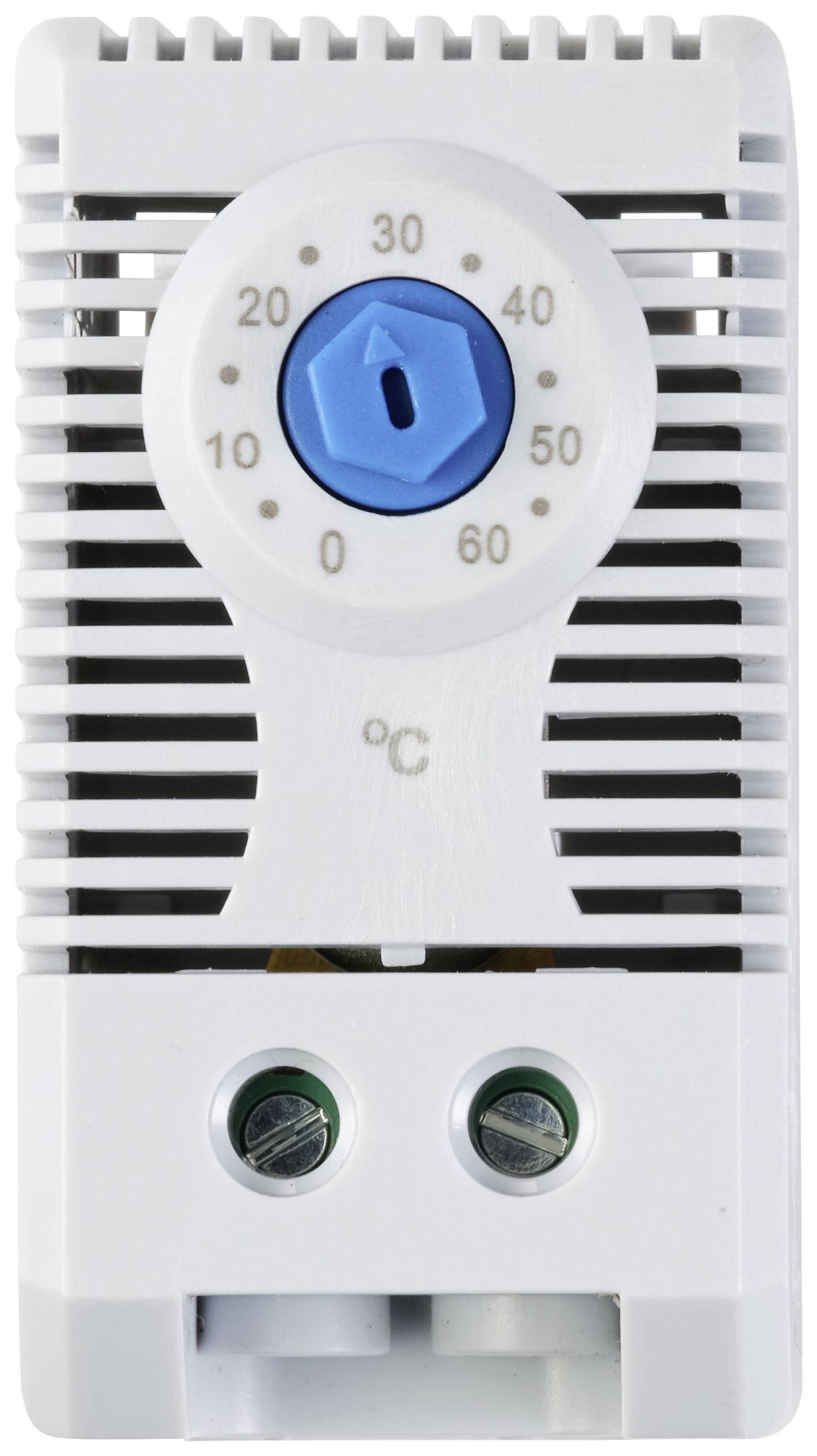 Thermostat mit Drehrad zur Temperatureinstellung, zeigt Skala von 0 bis 60 Grad Celsius.