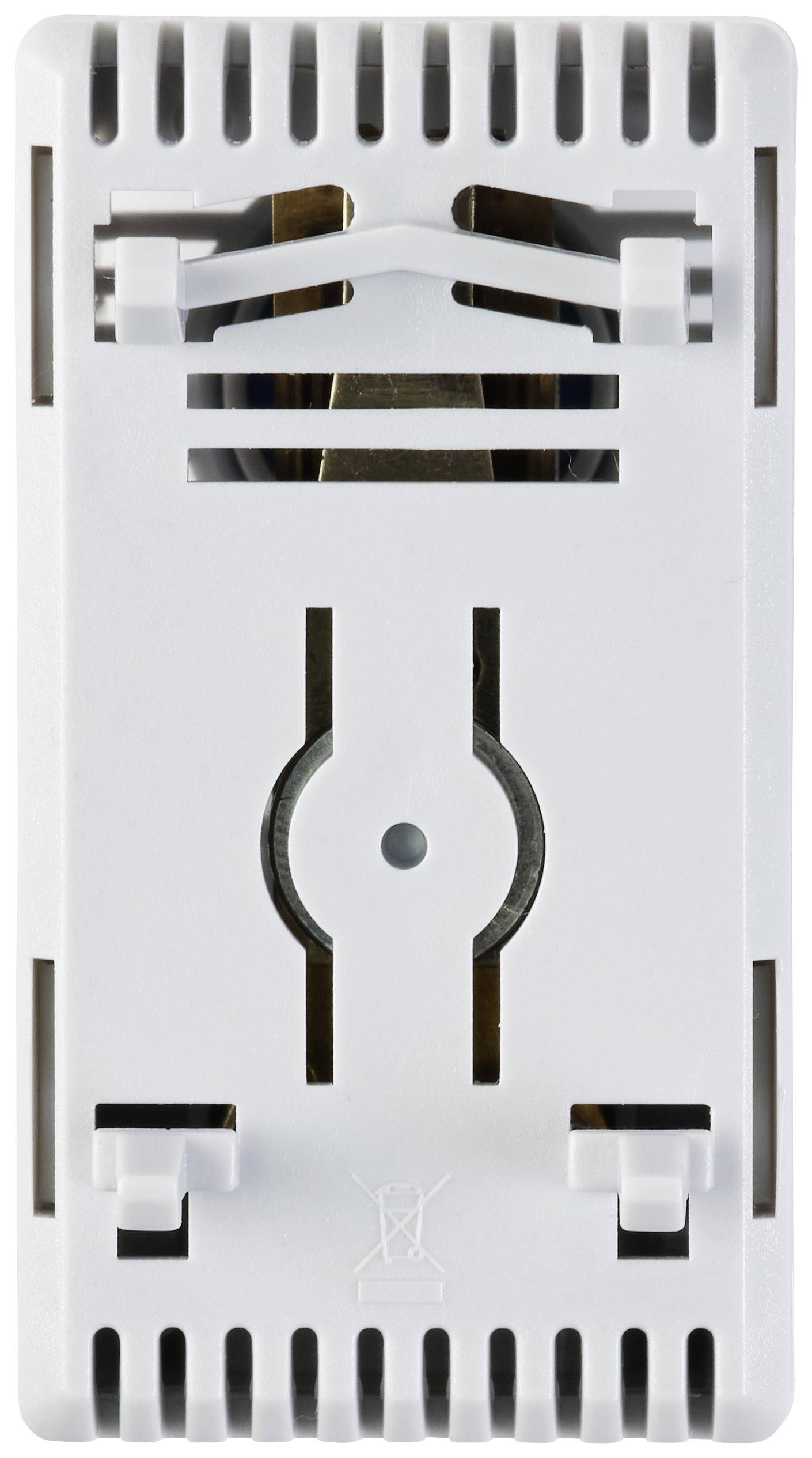 Ein weißer, rechteckiger, elektrischer Wandthermostat mit Entlüftungsschlitzen und Einstellrad in der Mitte.