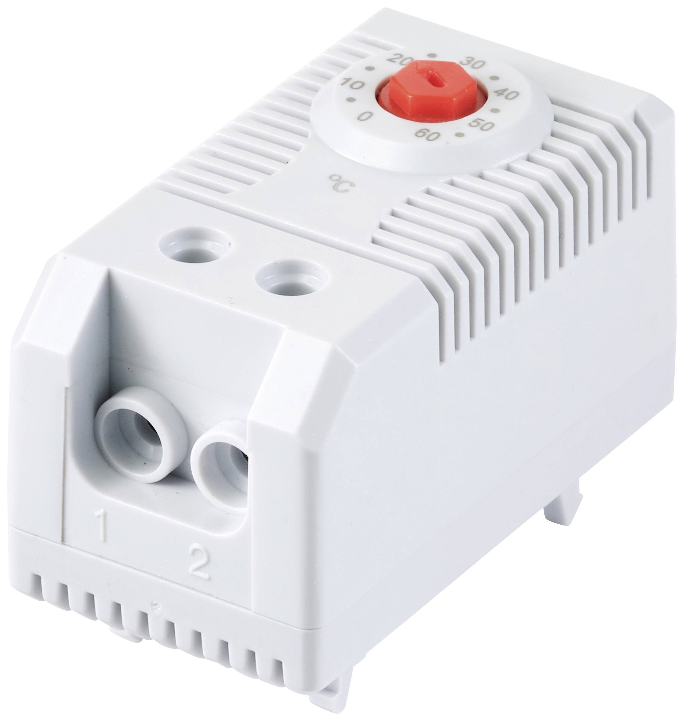 Ein grauer Thermostat mit rotem Regler oben und zwei Nummern '1' und '2' vorne. Der Regler zeigt Temperaturen von 0 bis 60 °C an.