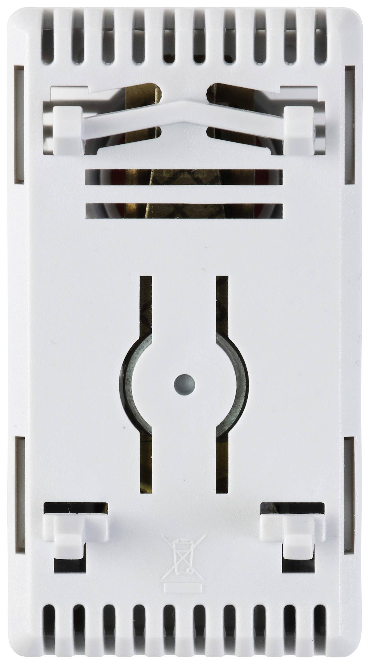 Ein rechteckiges, weißes Kunststoffgehäuse mit Lüftungsschlitzen und einer zentralen Halterung zur Wandmontage, oft für Thermostate.