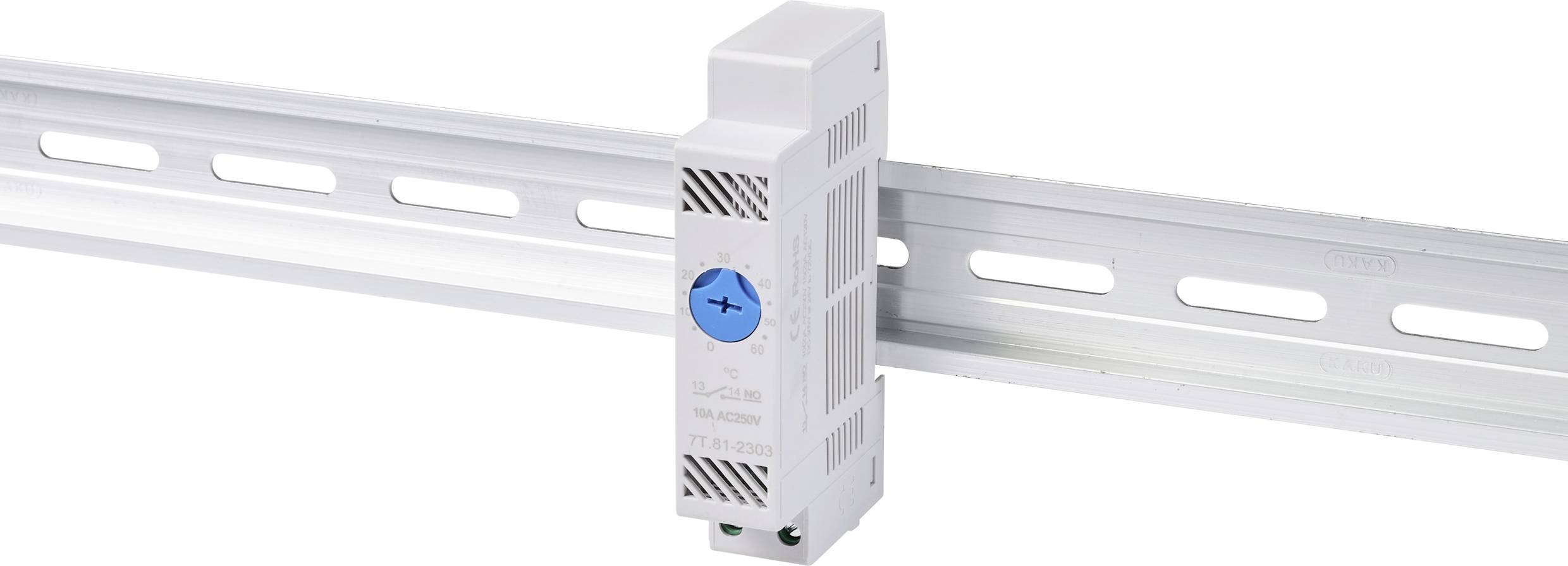 Ein weißes elektrisches Modul mit einer blauen Markierung ist auf eine silberne DIN-Schiene montiert.