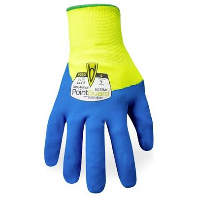 Ein blau-gelber Sicherheitshandschuh mit der Aufschrift „HexArmor PointGuard Ultra", der für Schnittwiderstand und Griffigkeit in industriellen Umgebungen entwickelt wurde.
