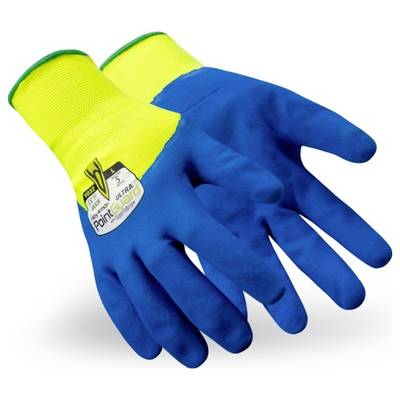 Blaue Schutzhandschuhe mit gelben Stulpen, versehen mit einem Sicherheitszertifizierungsetikett im Bereich des Handgelenks.