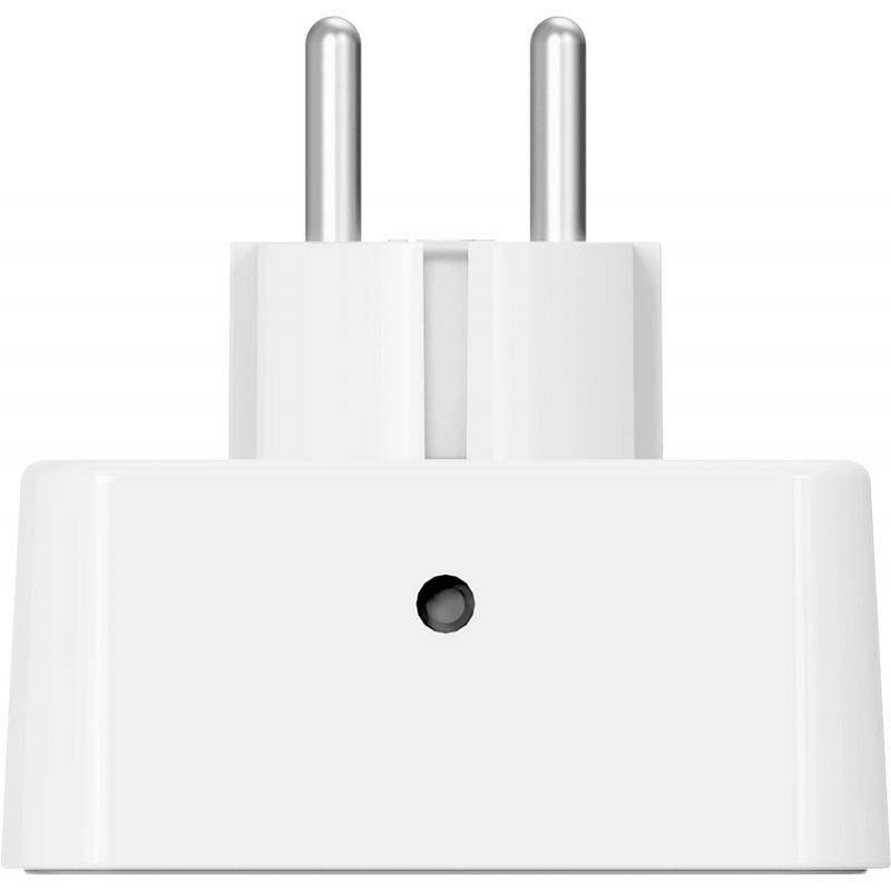 Ein weißer Adapterstecker mit zwei Metallstiften und einem kleinen Knopf auf der Vorderseite. Ideal zur elektrischen Verbindung.