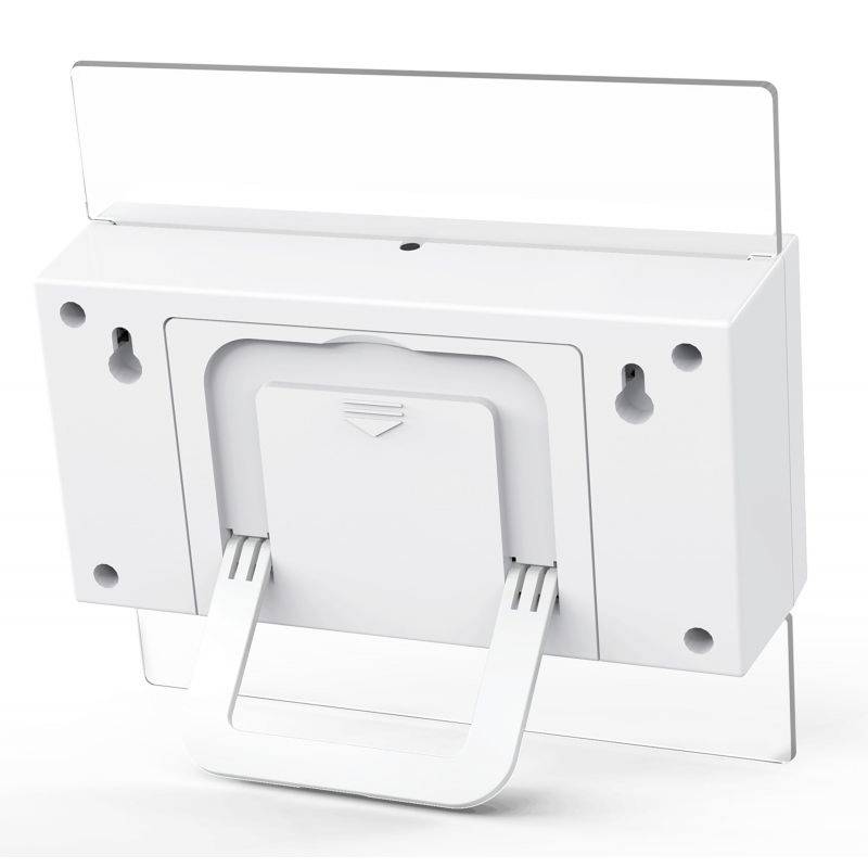 Ein weißes elektronisches Gerät mit eingelassenem Bildschirm und Halterung; montierbar an der Wand, geeignet für modernen Wohnraum.