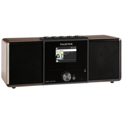Ein Radio mit Display zeigt den Sender 'Dlf Nova' und laufende Musik 'pretice'. Das Gerät hat Holzseiten und schwarze Lautsprecher.