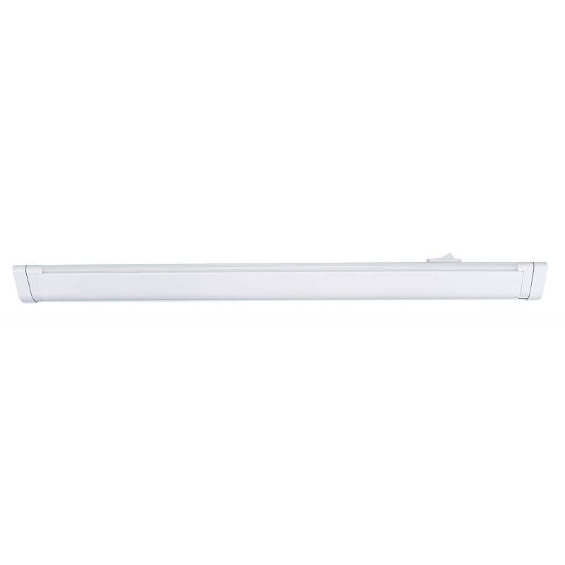 Eine weiße, lineare LED-Leuchte mit einem flachen, rechteckigen Design; geeignet für moderne Innenbeleuchtung.