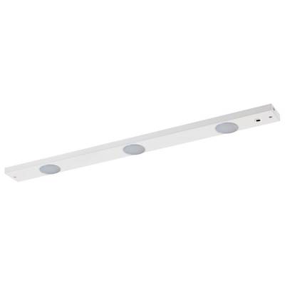 Weiße LED-Leiste mit drei runden Leuchten, geeignet für Unterbau-Montage, bietet gleichmäßige Beleuchtung, schlichtes Design.