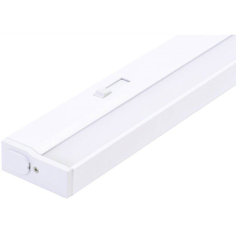 Ein weißes LED-Unterbauleuchte mit einem Schalter in der Mitte. Moderne Beleuchtungslösung für Küchen oder Arbeitsflächen.