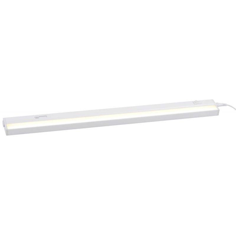 Ein rechteckiger LED-Lichtstab in weiß, horizontal ausgerichtet, mit einem Anschlusskabel an der rechten Seite.