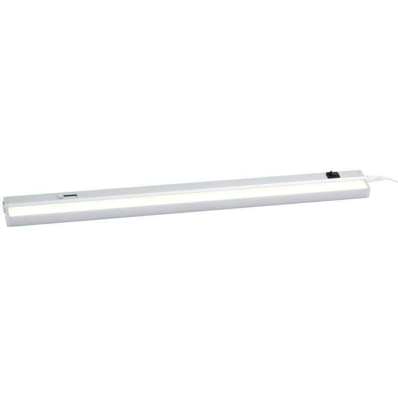 Eine lange, rechteckige LED-Leuchte mit weißen Gehäuse. Die Lampe hat einen Schalter und ein angeschlossenes Kabel.