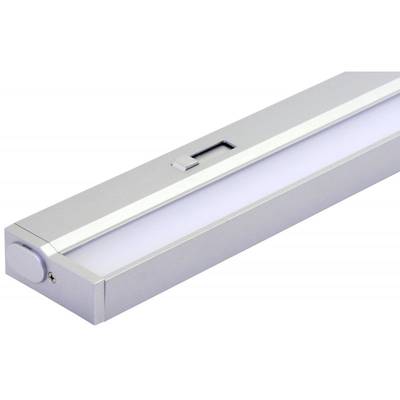 Längliche LED-Leuchte mit silbernem Gehäuse und Schalter, zur Montage unter Schränken geeignet.