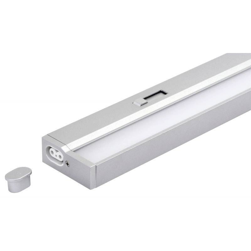 Eine rechteckige LED-Leuchte aus Metall mit Schalter, seitlichem Anschluss und abnehmbarem Endstück. Geeignet für moderne Beleuchtung.