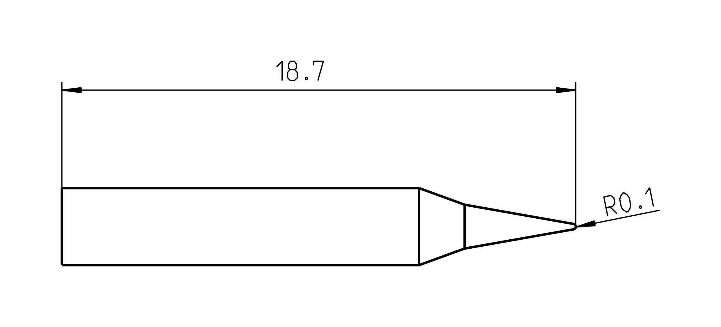 Technische Zeichnung einer Lötspitze: Länge 18,7 mm, Spitze mit Radius R0,1.