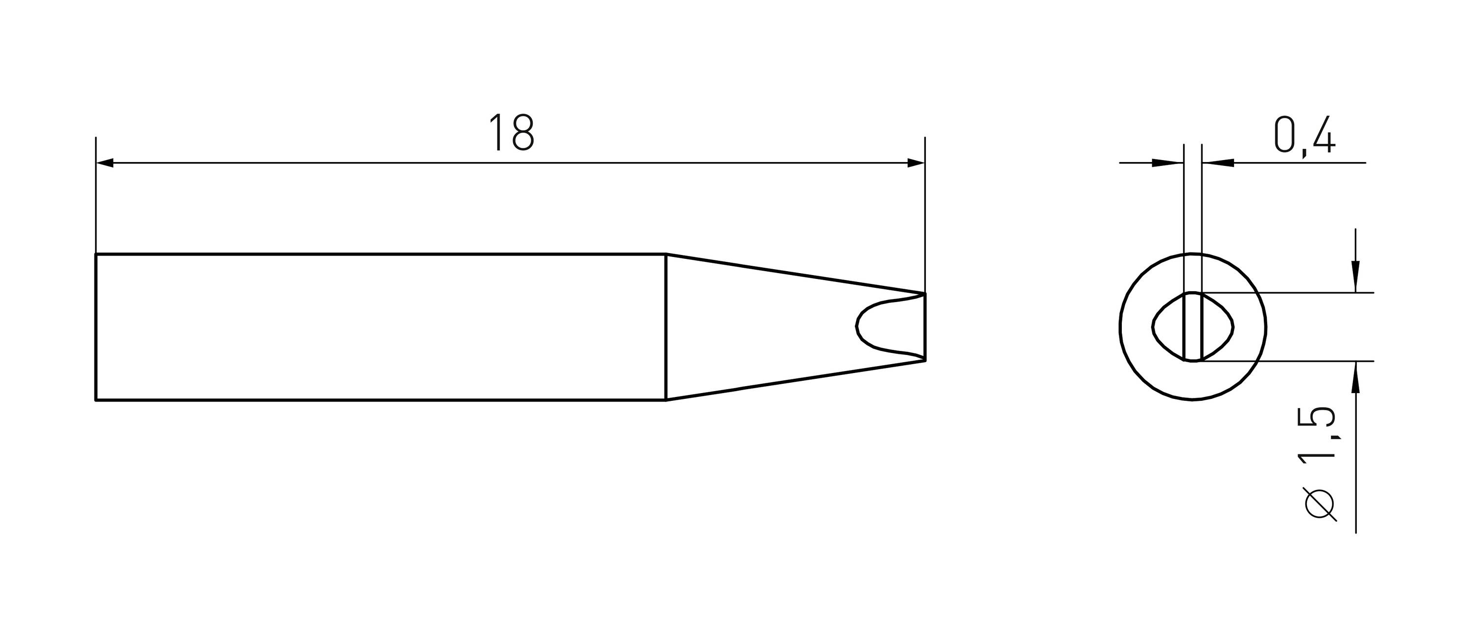 Technische Zeichnung eines Lötspitzens mit Maßen: 18 mm Länge, 0,4 mm Spitze, 1,5 mm Durchmesser.