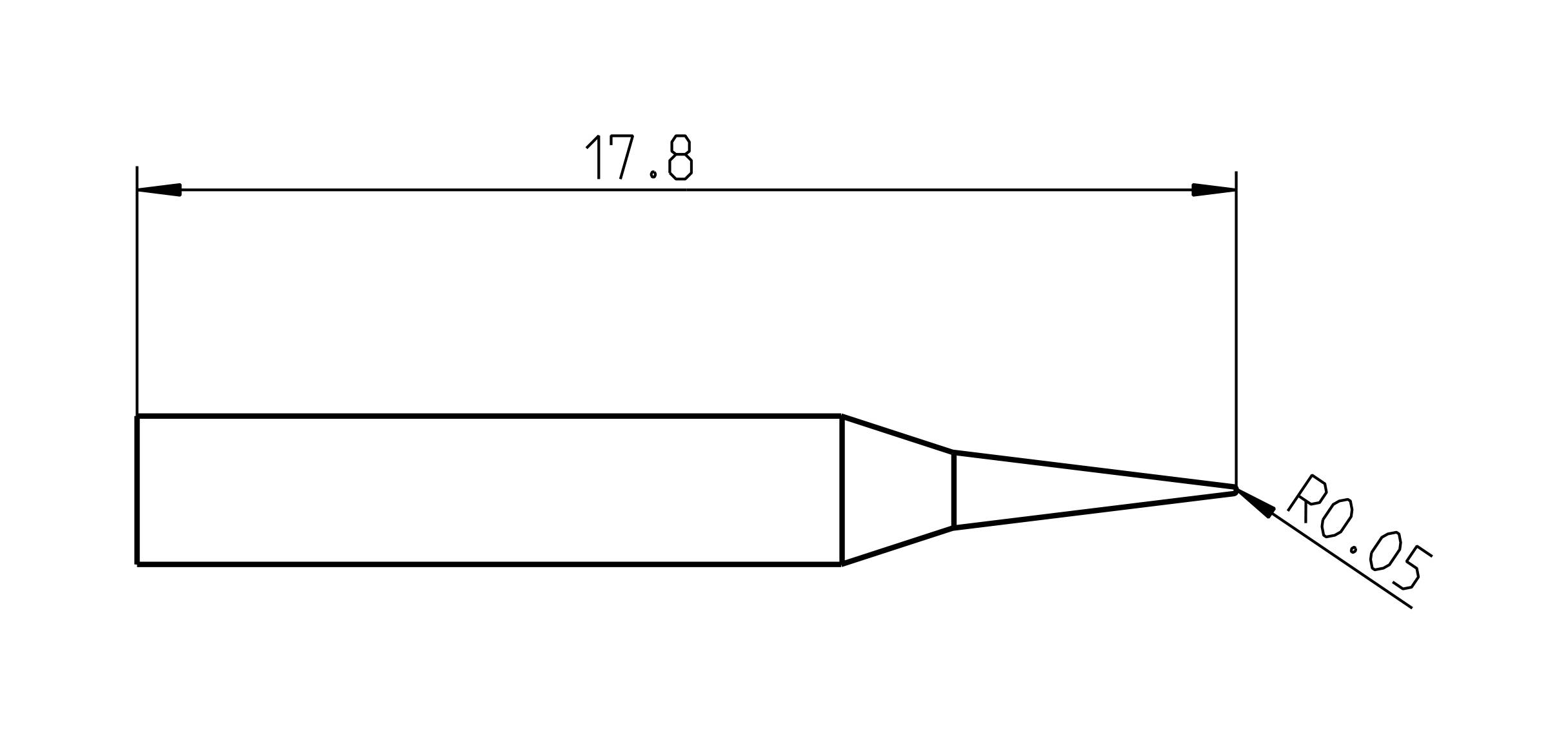 Technische Zeichnung einer Lötspitze. Länge: 17,8 mm; Spitzenradius: 0,05 mm. Zeigt eine schmale Spitze mit Präzisionsmaßangaben.