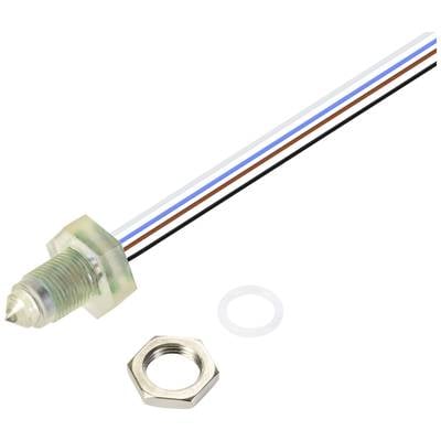 Ein zylindrischer Sensor mit mehrfarbigem Kabel und Befestigungsmuttern. Geeignet für technische und elektronische Anwendungen.