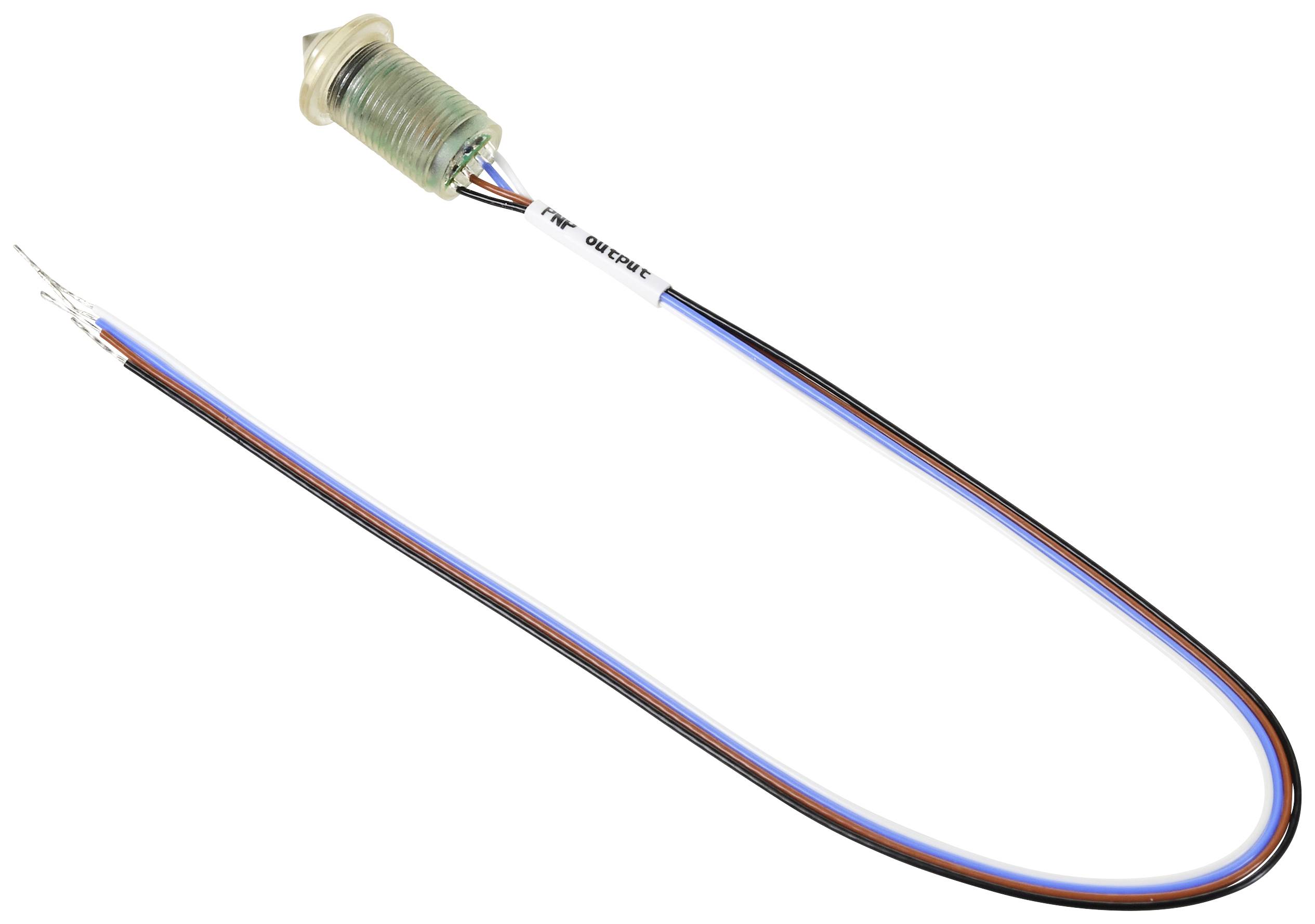 Ein kleiner zylindrischer Sensor mit einem langen Kabel, das in drei Drähte endet. Der Sensor ist wahrscheinlich für technische Anwendungen.