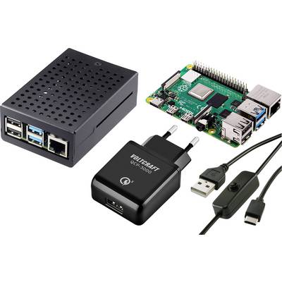 Raspberry-Pi-Platine mit schwarzem belüftetem Gehäuse, USB-Stromadapter und USB-Kabel/Anschlüsse, die als Satz von Zubehörteilen gezeigt werden.