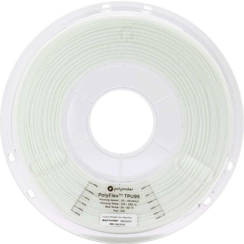 Eine Rolle 3D-Druckerfilament von Polymaker, Modell PolyFlex TPU95. Farbe: Weiß. Geeignet für flexible Druckteile.