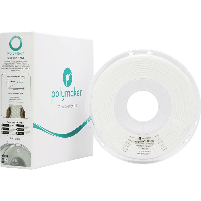 Eine weiße Spule mit 3D-Druck-Filament neben einer Verpackung. Text 'PolyFlex TPU95'. Filamentstärke 1,75 mm.
