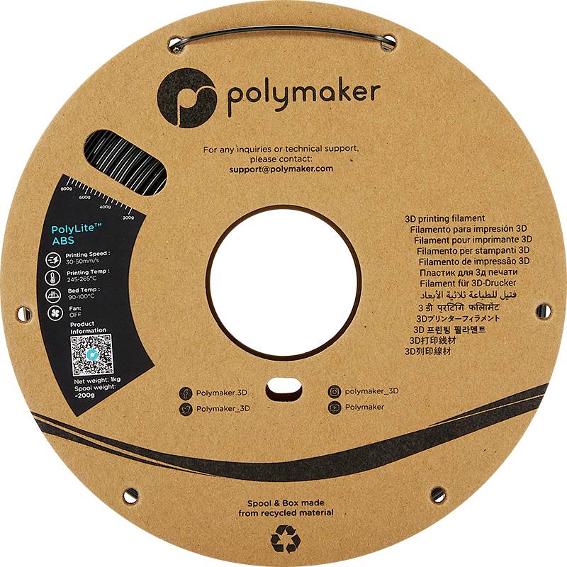 Eine Rolle 3D-Druckerfilament von Polymaker, Modell PolyLite ABS. Enthält technischen Details wie Temperatur- und Gewichtsinformationen.