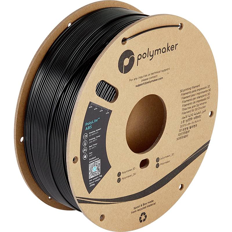 Spule mit schwarzem 3D-Drucker-Filament der Marke Polymaker, Modell 'PolyLite ABS'. Kartonverpackung mit Logos und technischen Details.