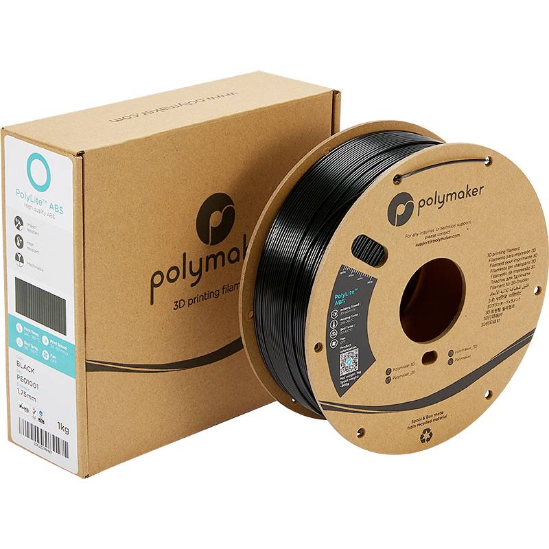 Eine Rolle schwarzes 3D-Druckfilament der Marke Polymaker, daneben die passende Verpackung.