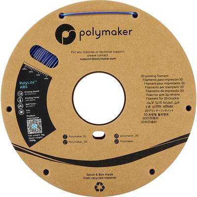 3D-Druck-Filamentspule von 'Polymaker' aus recyceltem Material, enthält verschiedene Informationen zu Filamenttyp und Herstellerkontakt.