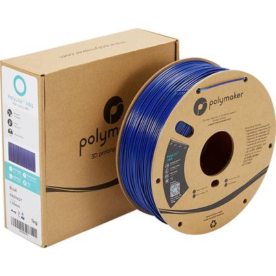 Filamentspule und Verpackung von Polymaker. Spule ist blau mit Produktinformationen auf der Verpackung für 3D-Druck.