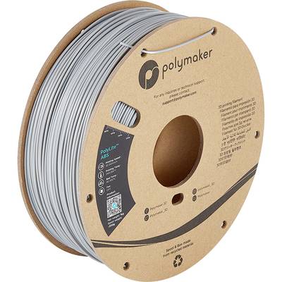 Spule mit grauem 3D-Drucker-Filament von Polymaker. Verpackung aus Karton mit Logo und QR-Code.