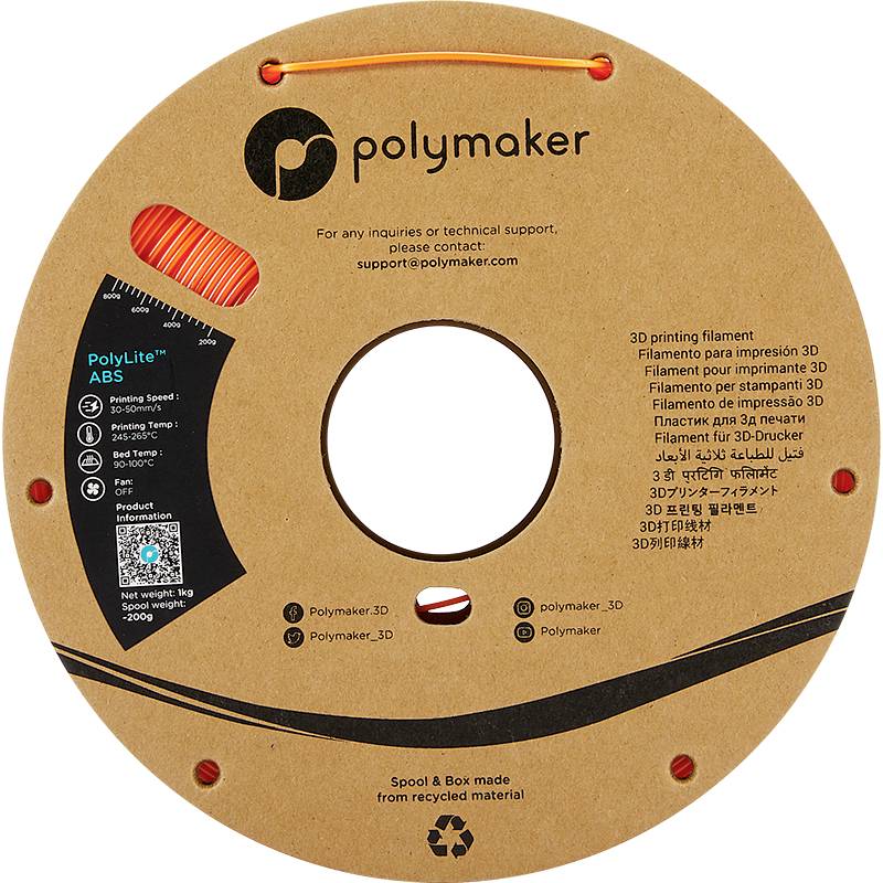 Eine runde Spule aus recyceltem Material mit orangem 3D-Drucker-Filament. Aufdruck zeigt Polymaker-Logo und Kontaktdaten.