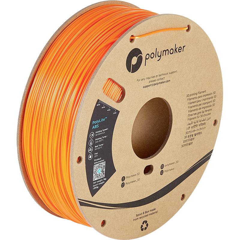 Spule mit orangefarbenem 3D-Druckerfilament der Marke 'PolyLite ABS' von Polymaker; Etikett zeigt Kompatibilitäts- und Recyclinginformationen.