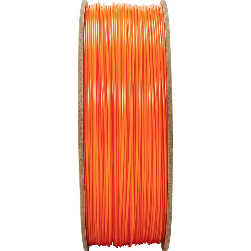 Eine Spule mit leuchtend orangefarbenem 3D-Druck-Filament, vertikal aufgestellt.