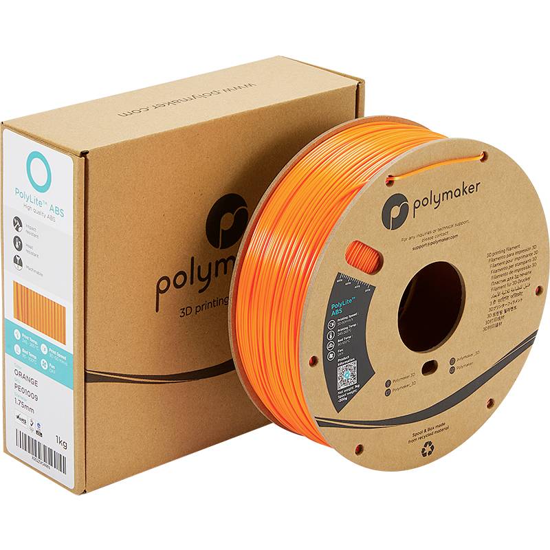 Orangefarbene Filamentspule mit Polymaker-Logo, neben einer braunen Verpackung mit Markenaufdruck. Eignet sich für 3D-Drucker.