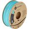 Eine Spule aus blauem 3D-Druckerfilament aus ABS von Polymaker. Kartonverpackung mit Produktinformationen und Recycling-Symbol.