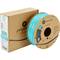 Eine Rolle mit türkisfarbenem 3D-Drucker-Filament aus ABS von Polymaker, neben einer braunen Verpackung.