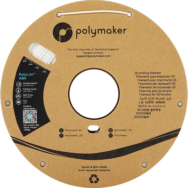 Runde 3D-Drucker-Spule aus recyceltem Material mit weißem Filament. 'PolyLite ABS' markiert. Enthält Firmeninformationen.