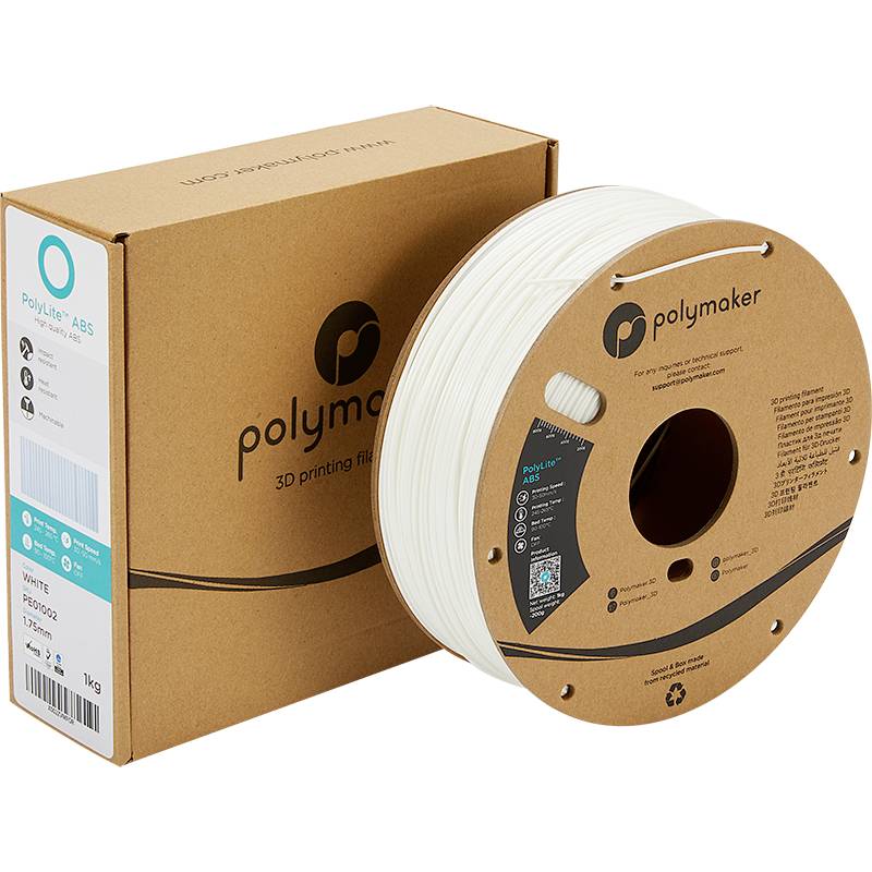 'Polymaker ABS Filament, Weiß, 1 kg Spule, für 3D-Drucker. Verpackung aus Pappe, zeigt Polymaker-Logo und Produktinformationen. Ideal für präzisen und stabilen 3D-Druck.'