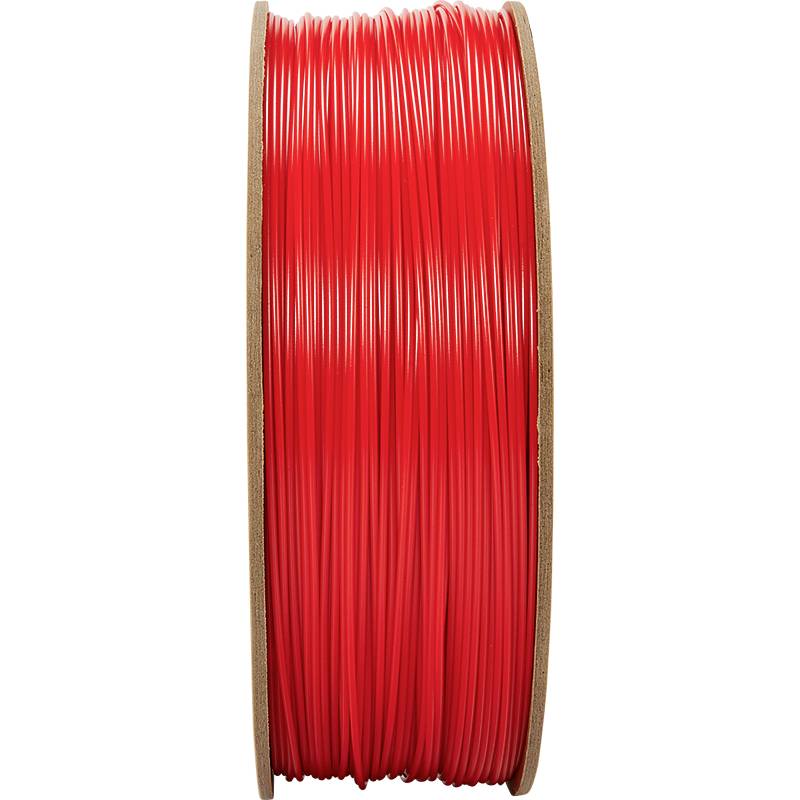 Spule mit leuchtend rotem 3D-Druckfilament, in Nahaufnahme seitlich fotografiert.